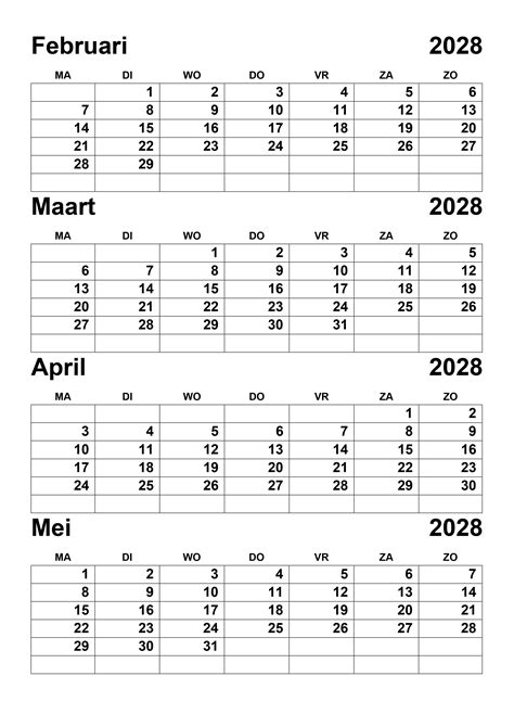 Kalender Februari Maart April Mei 2028