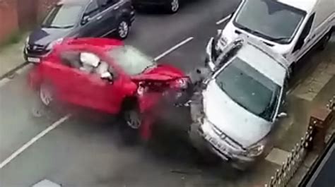 Shocking Moment Car Smashes Into Four Parked Vehicles Itv News