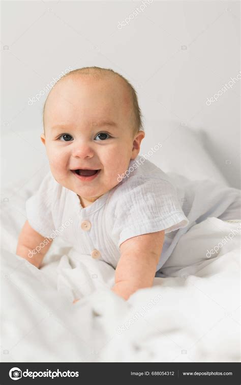 Happy Baby Lying Bed Laughing Generation Alpha Gen Alpha Stock Photo By