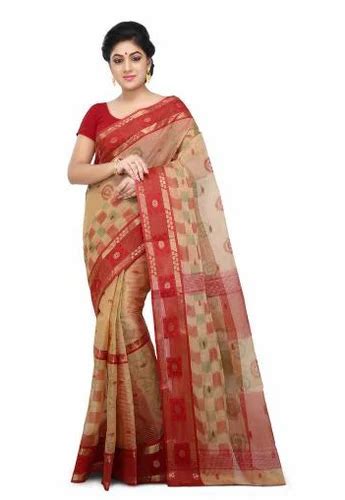 Multicolor Cotton Tant Weaving Print Handloom Saree In Beige With Red