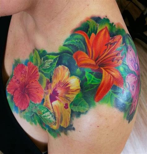 Realistic Color Tattoo On The Shoulder Of Flowers By Nino Dinchev Palitra Tattoo Sf Bg Color