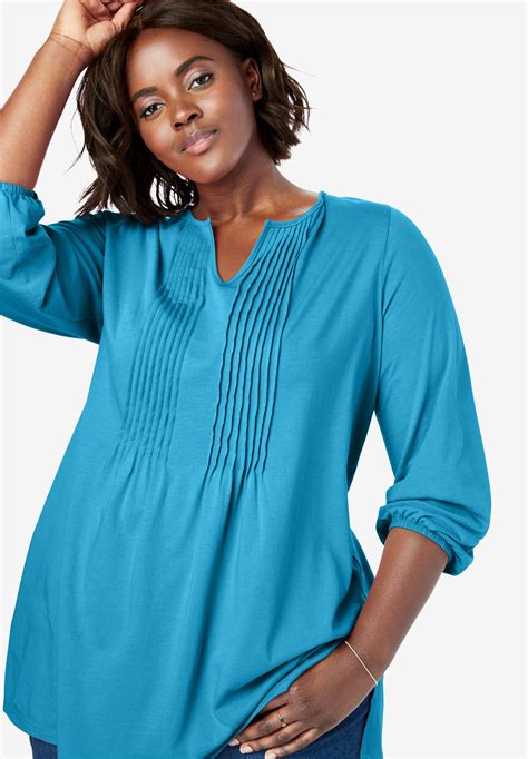 Notch Neck Pintucked Tunic Plus Size Tops Woman Within