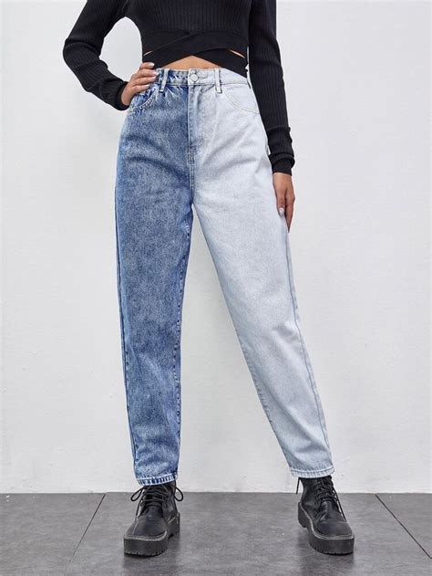 High Waist Slant Pocket Two Tone Mom Jeans Denim Fashion Mom Jeans