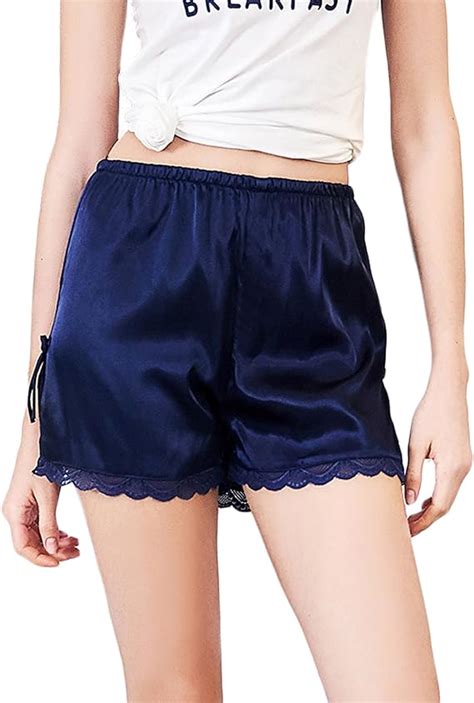 Womens Silk Satin Boxer Sleepwear Lounge Shorts Lace Trim And Side Slit Navy Amazonca