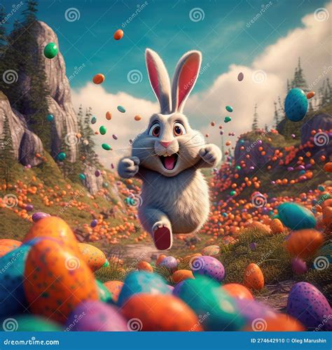 A Big And Cute Easter Bunny Runs Through A Fantastic Magical World Decorated With Easter Eggs