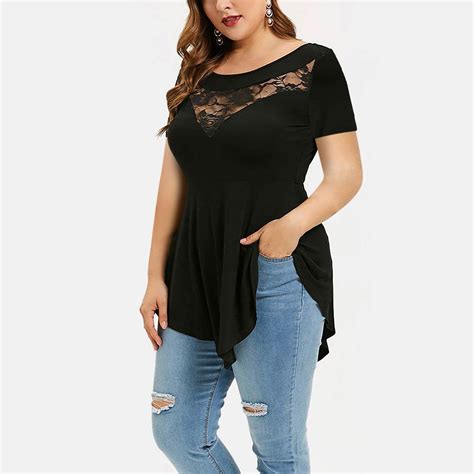 Lace Sexy Plus Size Tops Women Solid Floral Lace O Neck Top Asymmetric