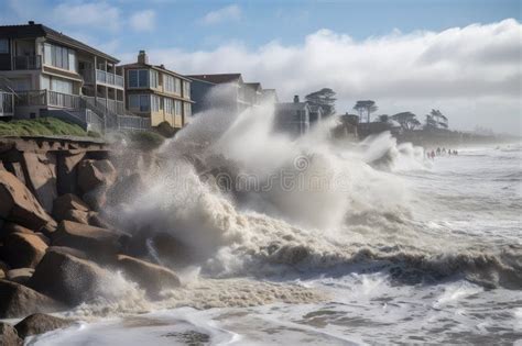 Tsunami Waves Crashing Over Seawalls And Dikes In Coastal Communities