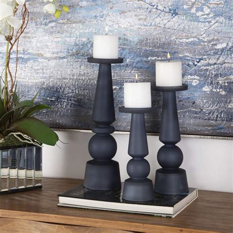 Cassiopeia Midnight Blue Pillar Candle Holders Set Of 3 83w21