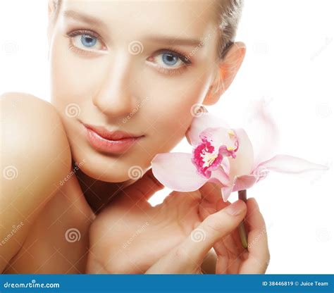 Young Woman With Pink Orchid Stock Image Image Of Makeup Delicate