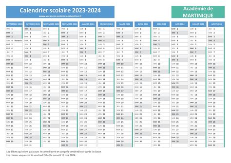 Vacances Scolaires 2023 2024 à 2025 2026 Martinique Calendrier