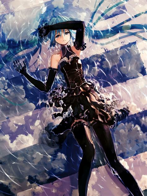 Vocaloid Gloves Hatsune Miku Blue Eyes Long Hair Black Dress Ahoge Aqua Eyes Aqua Hair Anime