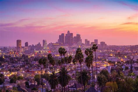 Amazing Sunset View With Palm Tree And Downtown Los Angeles California