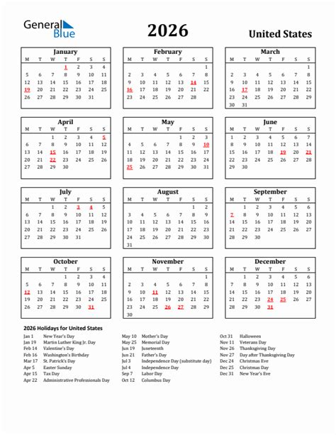 2026 United States Calendar With Holidays