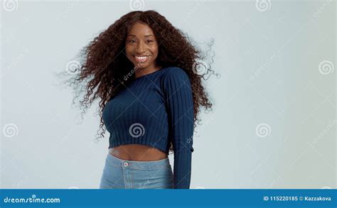 Beauty Black Mixed Race African American Woman With Long Curly Hair And Perfect Smile Stock