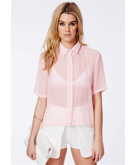 Missguided Latesha Textured Polka Dot Sheer Shirt In Pink Lyst