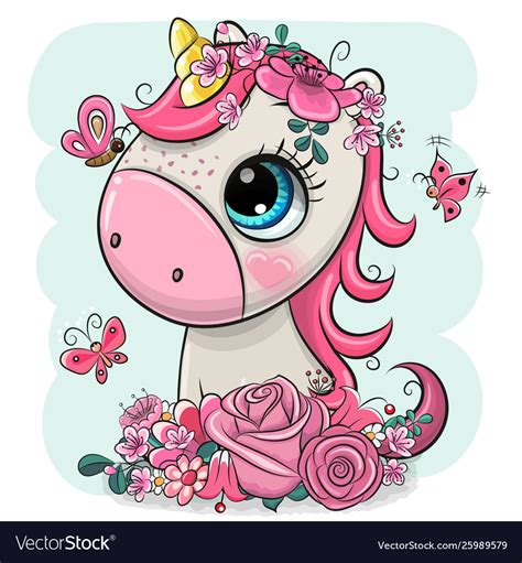 Cartoon Unicorn With Flowers On A Blue Background Vector Image