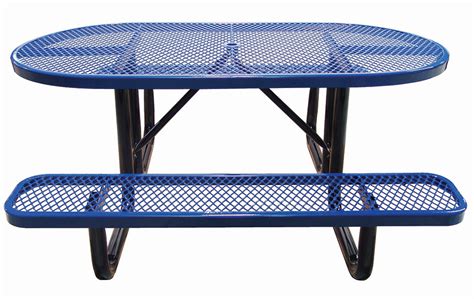 Dual pedestal picnic table with attached shade canopy. 6ft. Oval Expanded Metal Picnic Table | Plastic Coated Steel Picnic Tables | Outdoor Furniture