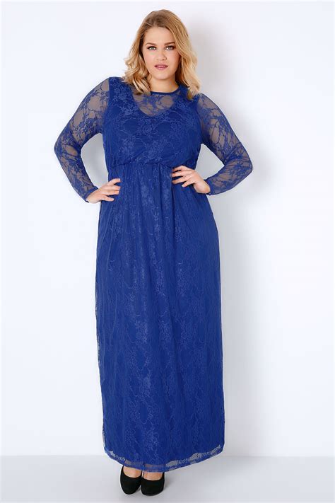 Royal Blue Lace Overlay Maxi Dress With Elasticated Waist Plus Size 16