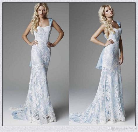 Ice Blue Lace Wedding Dresses 2015 Sexy Sheath Sweep Train Elegant