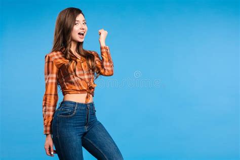 Lucky Girl In Checkered Shirt Taking Selfie And Smiling Stock Image