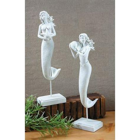 Assorted White Resin Mermaid Statues On Stands Set Of 2