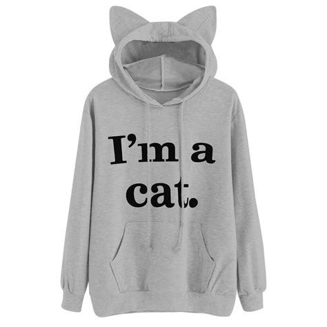 2017 Womens Hoody Cat Ears Hoodie Long Sleeve Sweatshirt Cute Im A Cat
