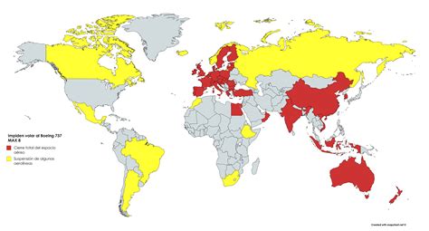 mapa de países que vetan los vuelos del boeing 737 max 8