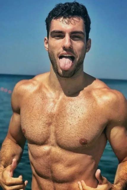 Shirtless Male Beefcake Hairy Chest Beach Hunk Tongue Out Beard Photo