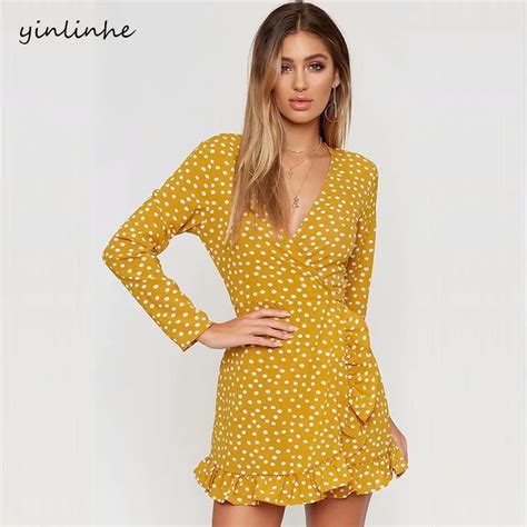 yinlinhe yellow polka dot summer dress long sleeve sexy wrap dress women sash slim waist v neck
