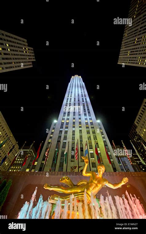 Rockefeller Plaza At Night New York City Stock Photo