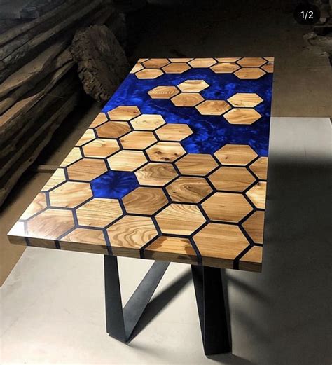 Stunning Honey Comb Design Table Made From Highly Figured Timber And Blue Resin Cast Wood