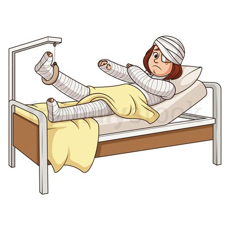 Heavily Injured Woman In Hospital Bed Cartoon Clipart Vector