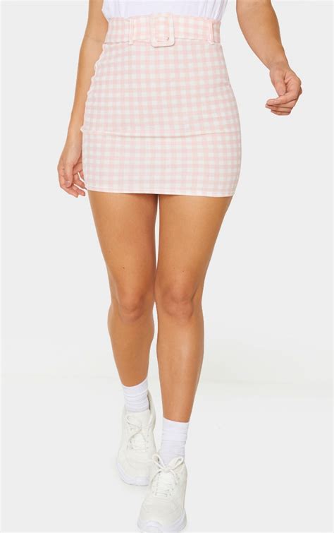 Pink Gingham Belted Mini Skirt Skirts Prettylittlething Usa