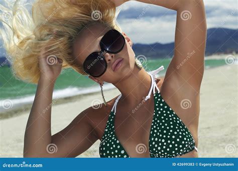Beautiful Blond Woman In Sunglasses On The Beach Beauty Girl In Bikini Summer Holidays Stock