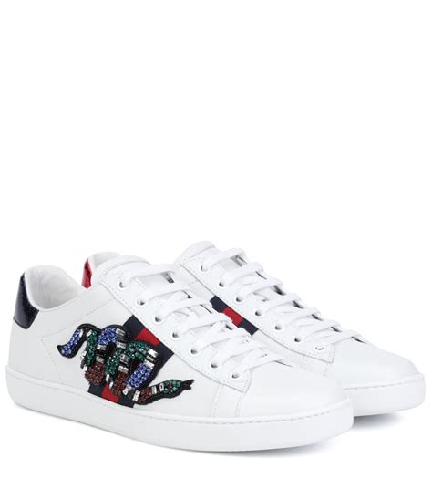 Gucci New Ace Crystal Embroidered Snake Leather Low Top Sneakers White