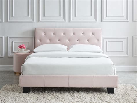 Modern Jazelle Queen Bed In Blush Pink Velvet Upholstery