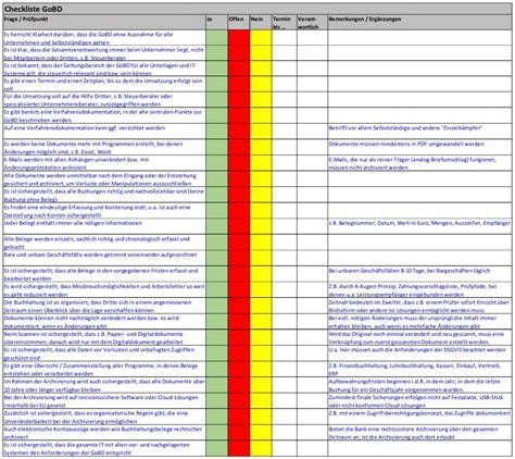 Gobd Checkliste Anforderungen Der Gobd In Excel
