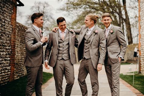 Groomsmen In Grey Tweed Fitted Suit With Pink Tie Rustic Wedding