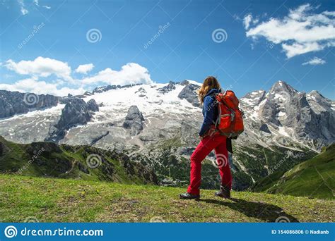 Hiking Woman In The Alps Dolomites Italy Stock Photo Image Of