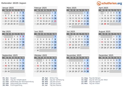 Kalender Japan 2025 Mit Feiertage