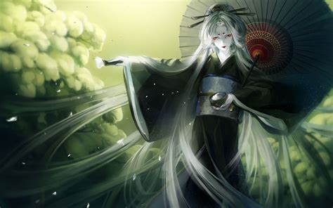 Girl In Black Kimono Parasol White Hair Japanese Folklore Japanese
