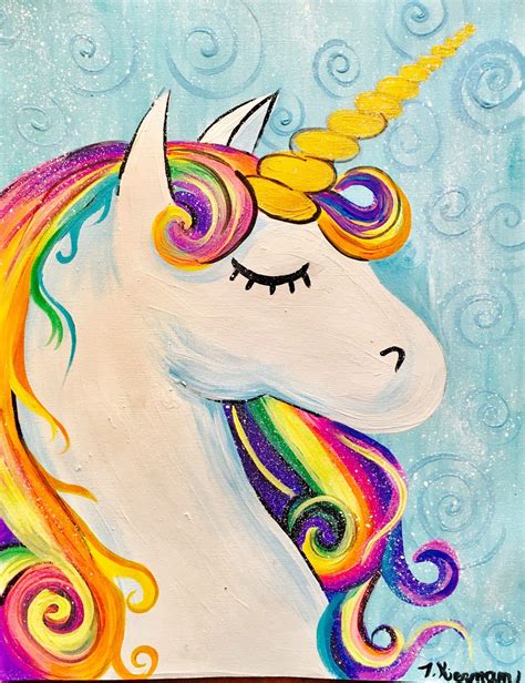 An Acrylic Painting Of A Unicorn With Rainbow Manes