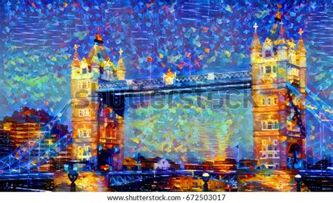 Oil Painting Tower Bridge London England Stock Illustration 672503017