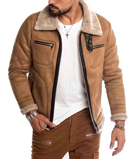 Men's WJE07 Casual Suede Brown Shearling Jacket - Jackets Expert