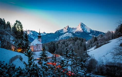 Обои зима дорога снег деревья пейзаж горы природа Германия Бавария Альпы церковь