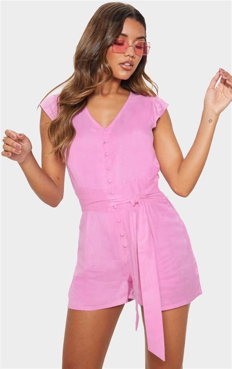 Pink Button Through Detail Playsuit Prettylittlething