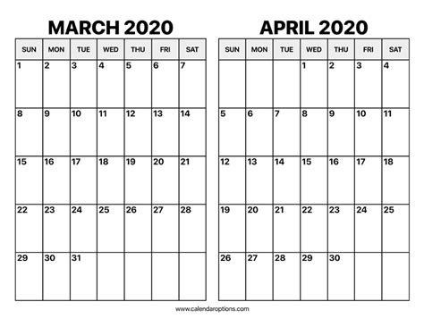 March And April 2020 Calendar Calendar Options