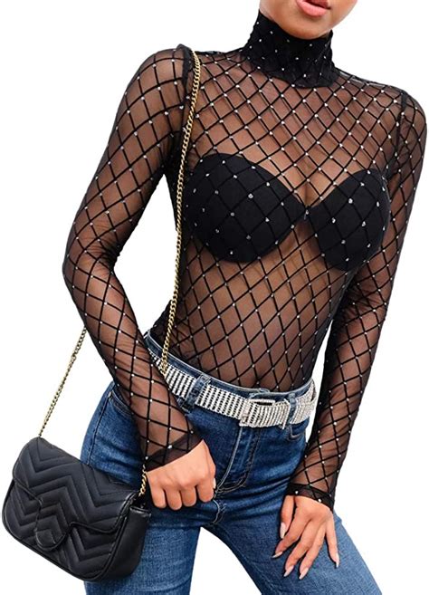 women sexy sheer mesh rhinestone bodysuit long sleeve turtleneck jumpsuit tops at amazon women s
