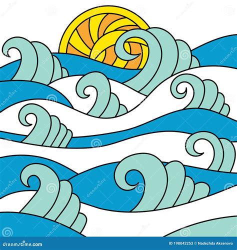 Mar Olas Y Sol Ilustración Dibujada Por Mano Libro De Coloración Para