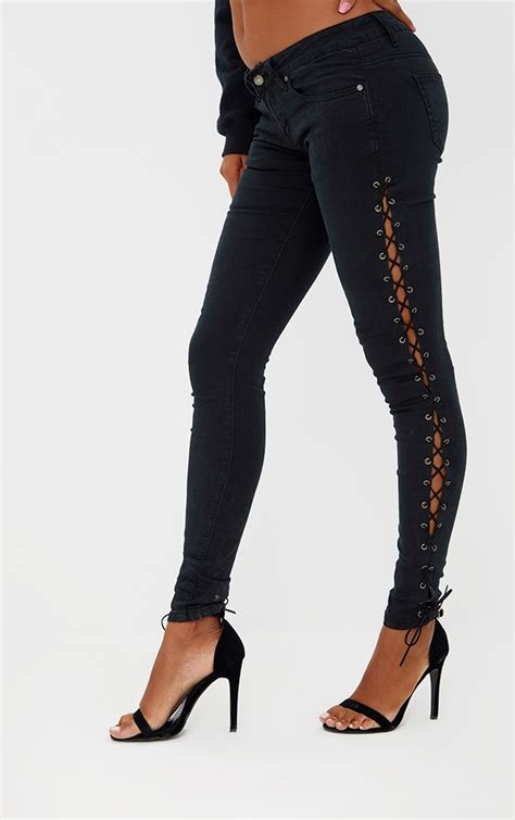 black lace up skinny jean denim prettylittlething ie